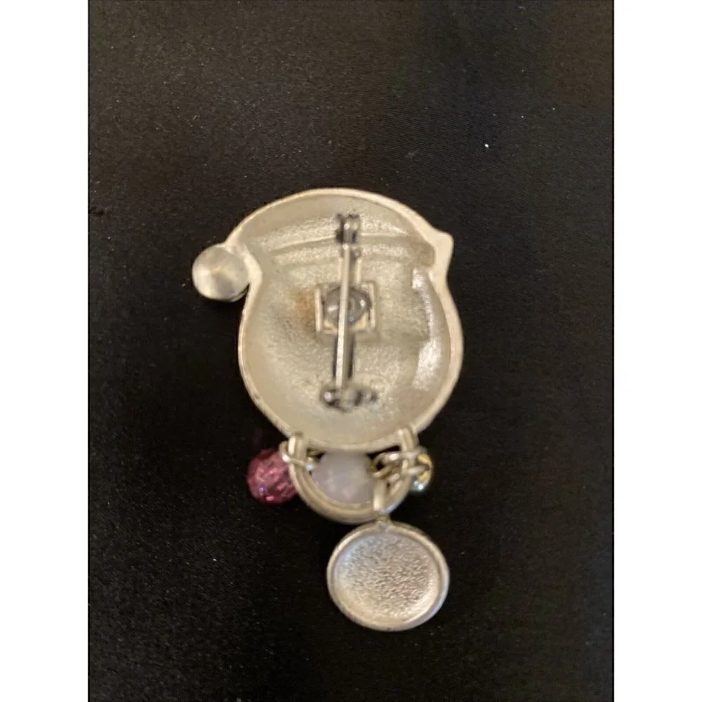 AJMC Signed Jolly Santa Brooch Silver Tone Bell Enameled Hat Beard Rhinestone